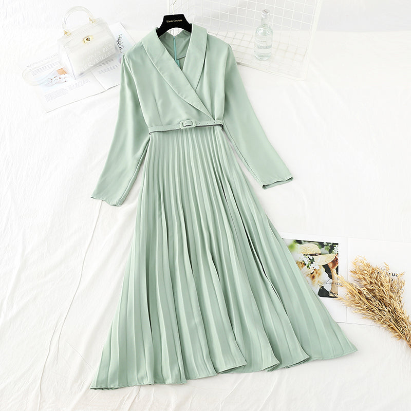 Slim waist, gentle wind dress, lapel, light familiar wind pleated skirt  3868