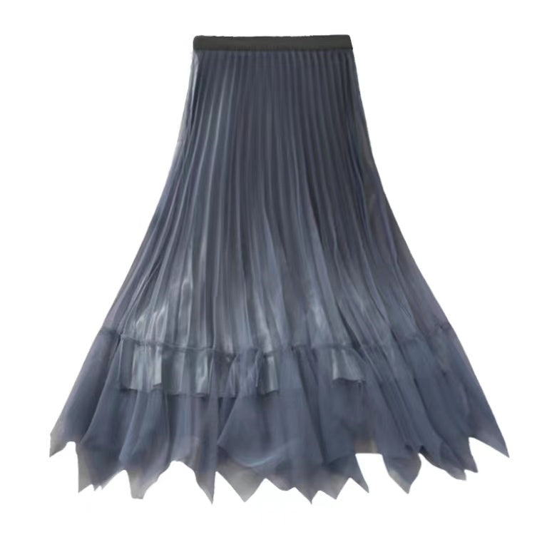 Vintage, glossy, high-waisted, mid-length skirt, spring/summer, A-line pleated skirt  3672