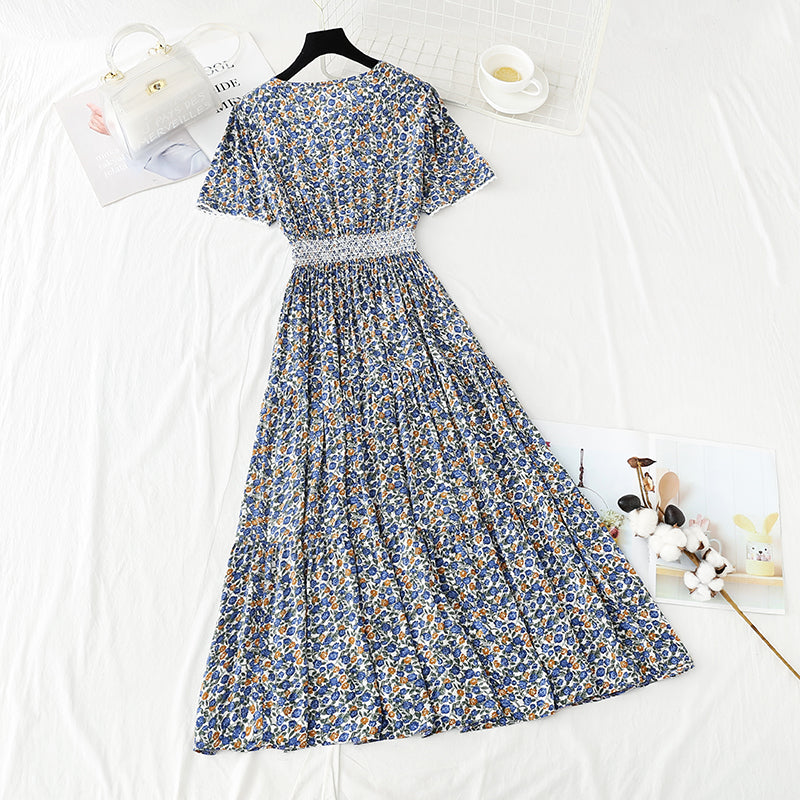 Cotton linen dress female V-neck floral dress waist  4245