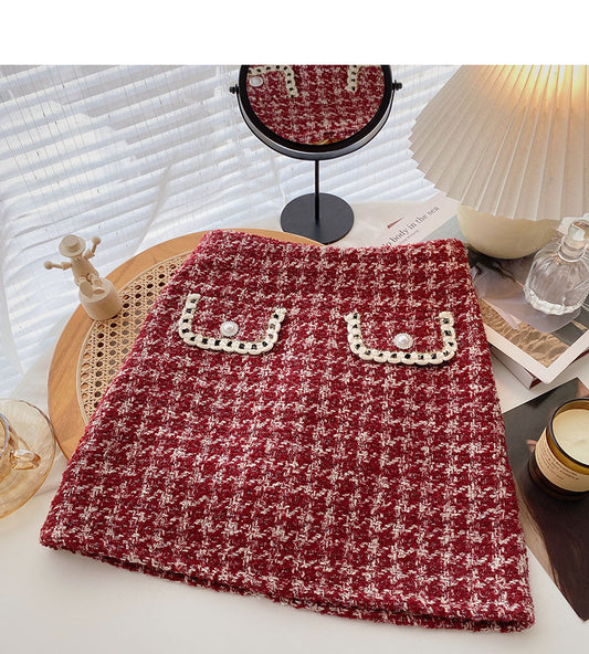 Fake pocket high waist tweed plaid skirt  5383