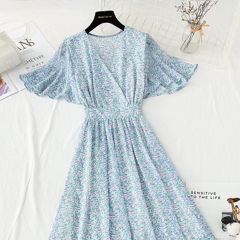 New tea break French chiffon long skirt V-neck waist slim A-line skirt  4889