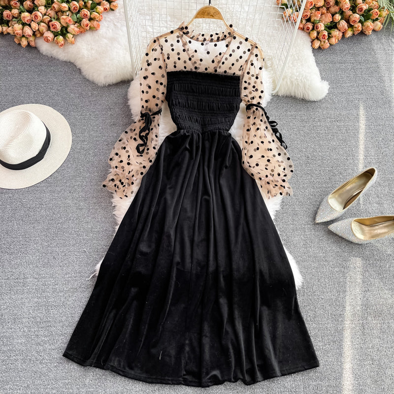 Design sense stitched mesh wave point waist large swing long skirt  3774