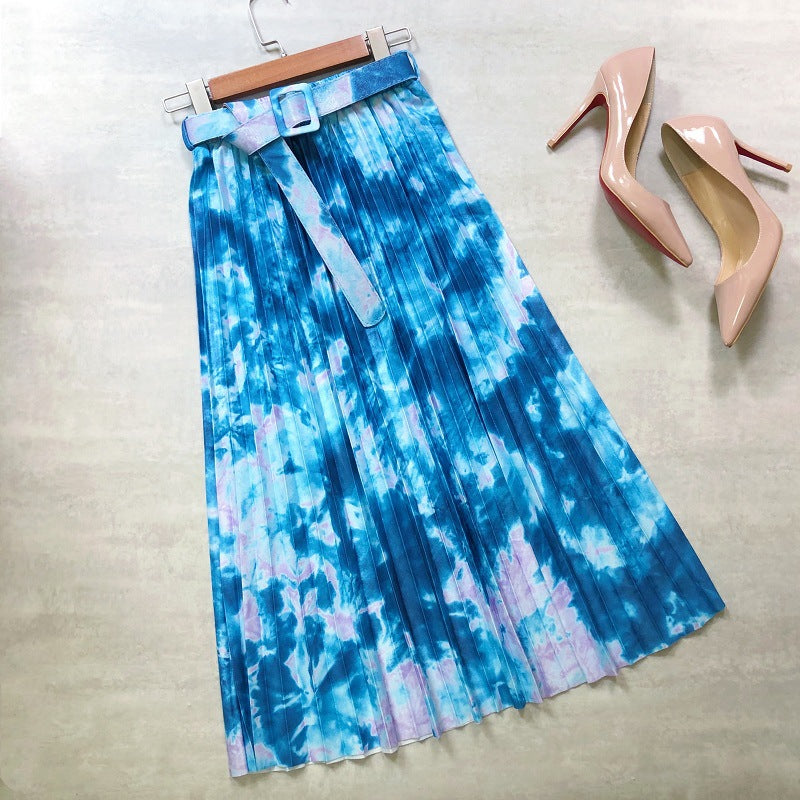 Jupe chaude, encre éclaboussée tie-dye, ceinture imprimée, jupe longue plissée dans les étoiles 3691