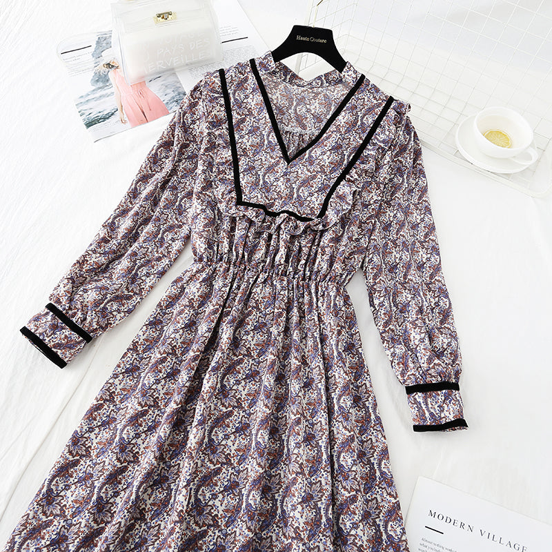 Narrow waist floral skirt children's French Long Sleeve Chiffon Dress  3902