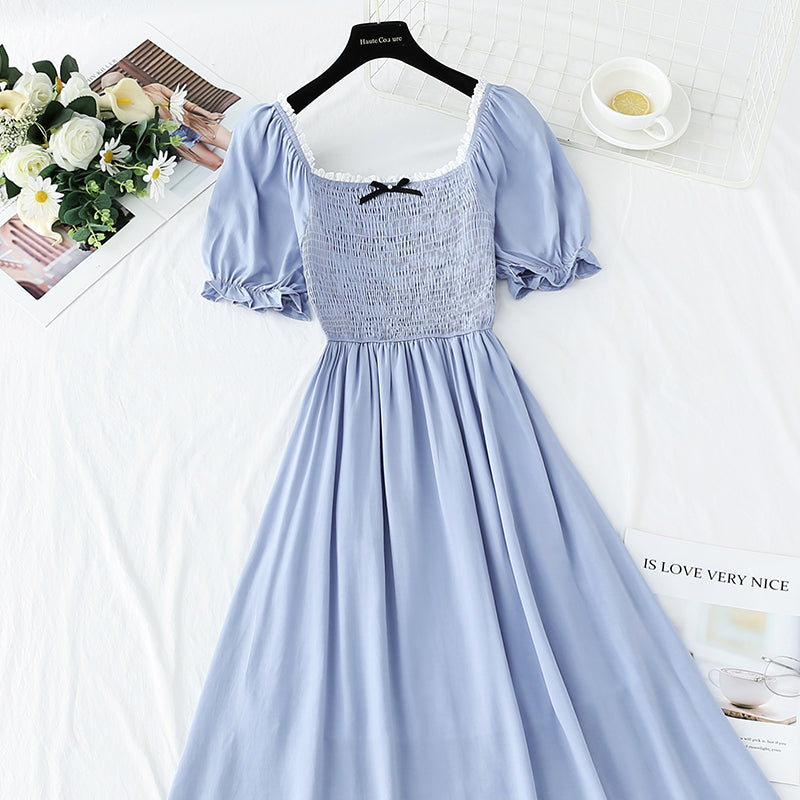 French retro dress square neck bubble sleeve lace edge  4271