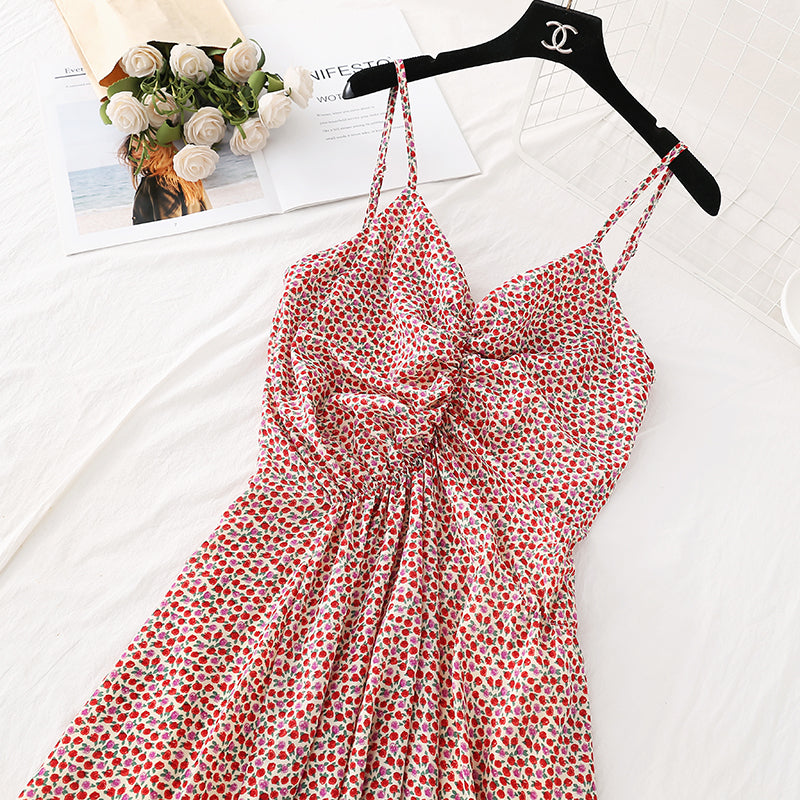 Broken flower suspender dress, super xiansen French style, slim waist  4111