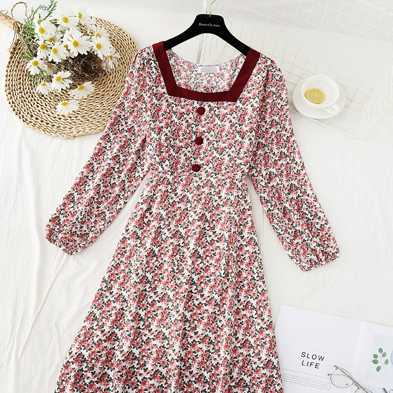 French tea break retro square collar niche chiffon long skirt  4836