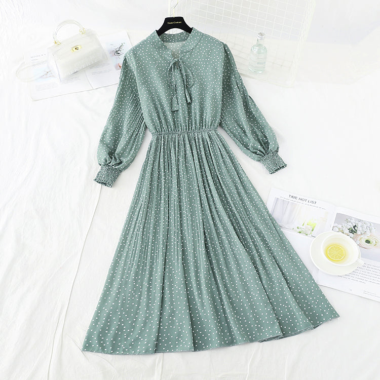 Chiffon Vintage wave point pleated knee bottom skirt  3845