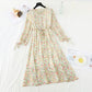 New long sleeve waistband lace up thin Chiffon gentle wind Floral Dress  4719