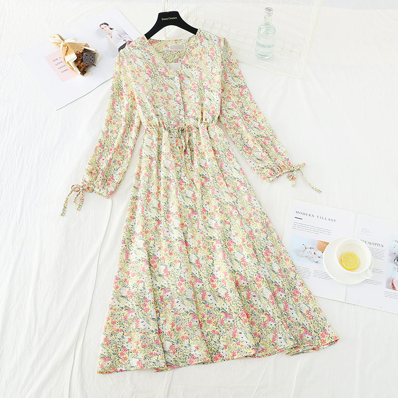 New long sleeve waistband lace up thin Chiffon gentle wind Floral Dress  4719