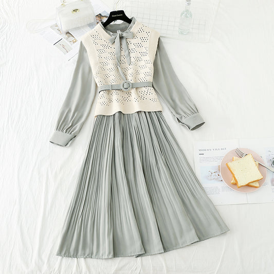 Knitted vest with pleated skirt two piece set fairy Sen Department   3920