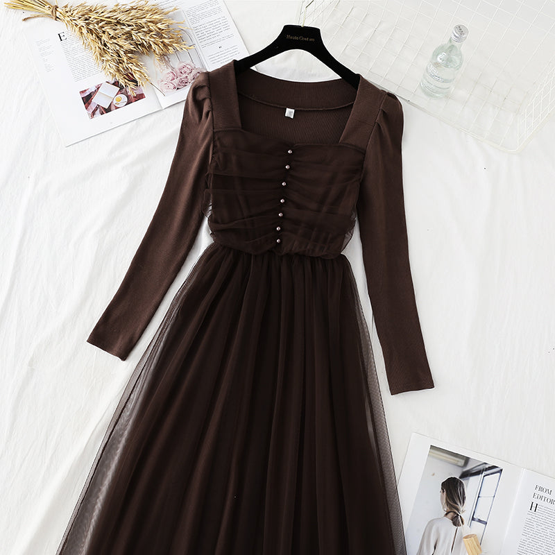 New style square neck slim French retro light cooked wind bottomed skirt  4752