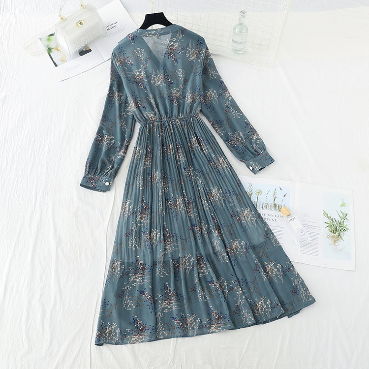 New Retro slim light mature wind broken flower pleated fairy Chiffon Skirt  4718