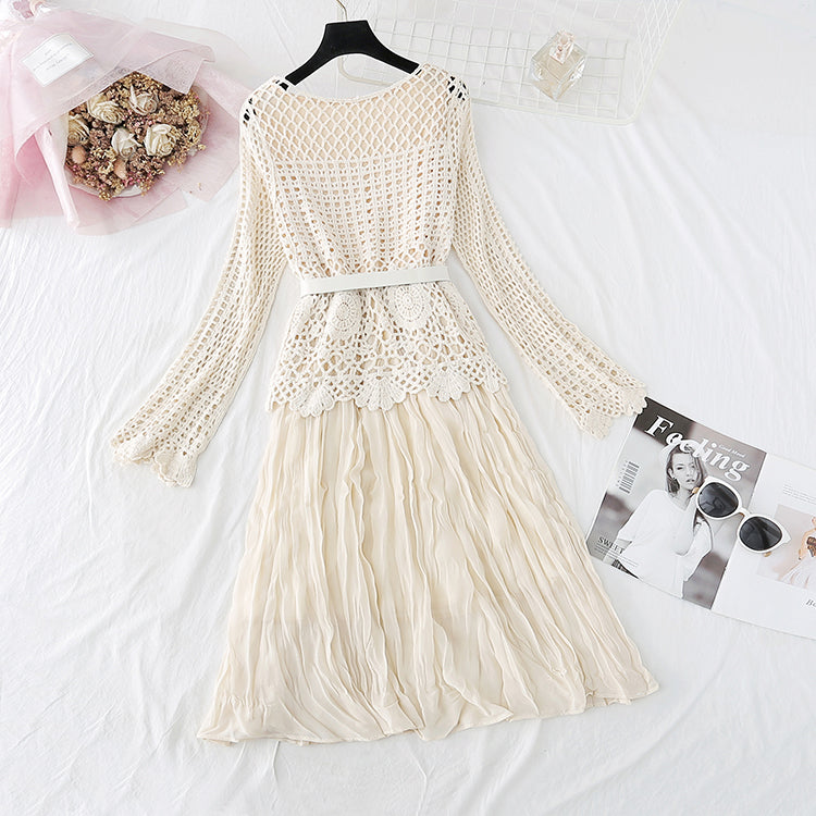 Hollowed out lace blouse Chiffon Dress  3801