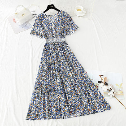 Cotton linen dress female V-neck floral dress waist  4245