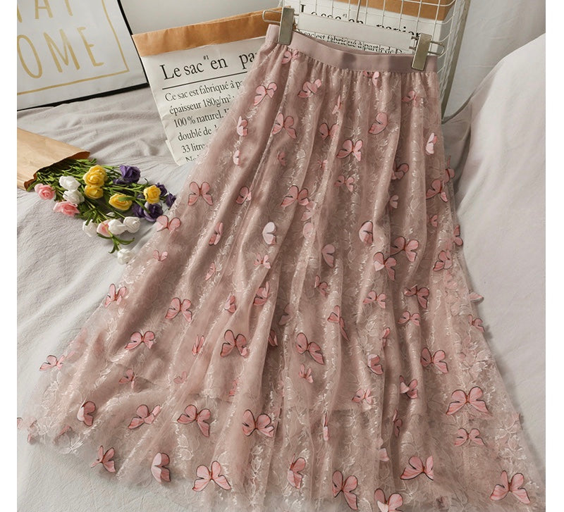 Super fairy sweet, butterfly long gauze skirt, new high waist skirt  3673