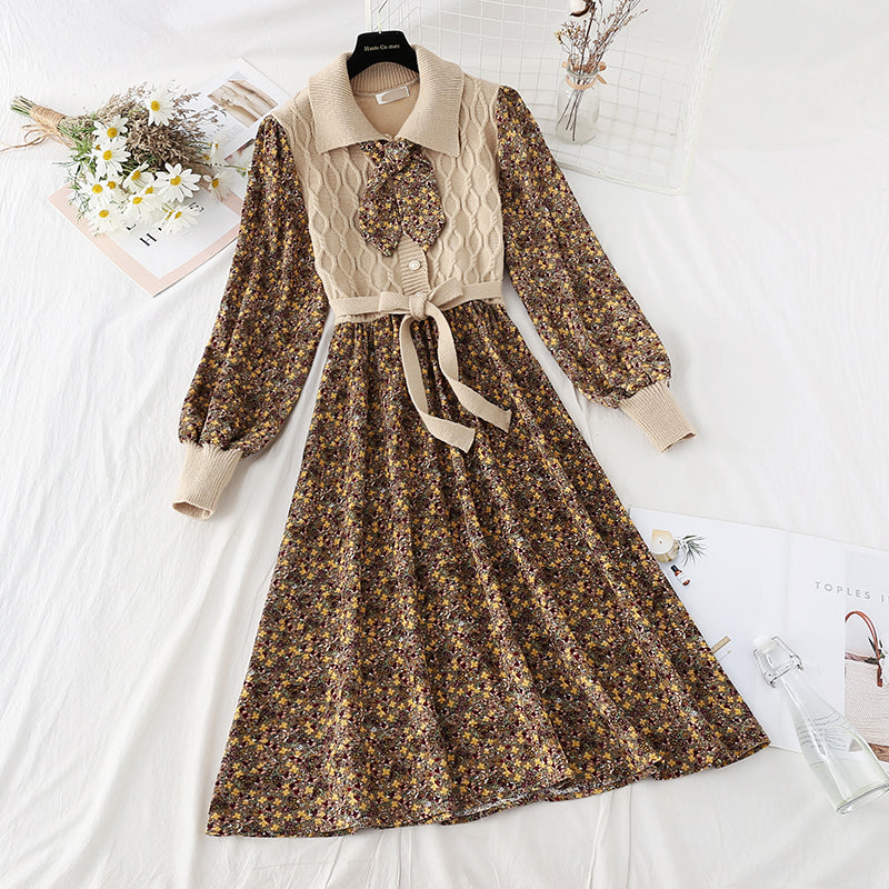 Patchwork lace up floral skirt slim elastic waist Corduroy Skirt  4086