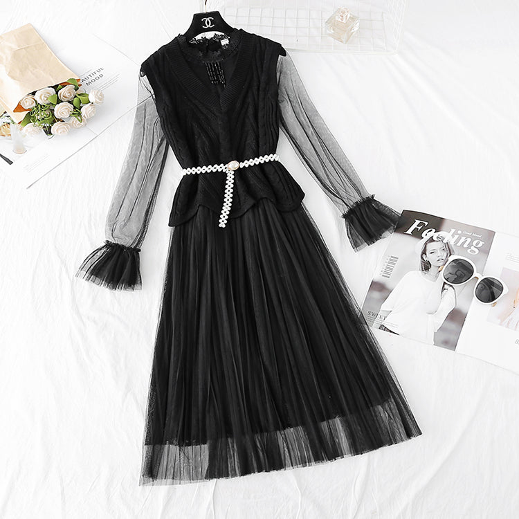 Xiaoxiangfeng suit knitted sweater mesh skirt  3805