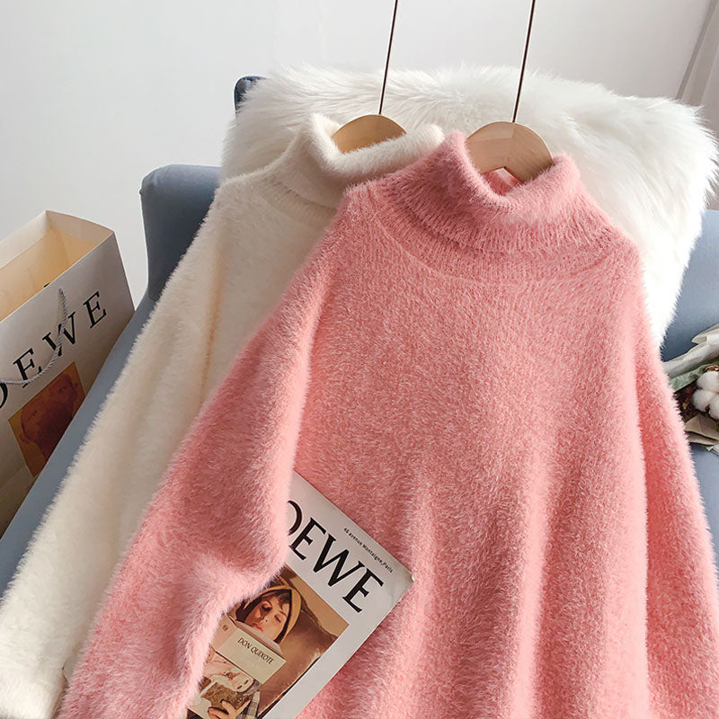 Imitation mink pink turtleneck sweater soft waxy female  4940