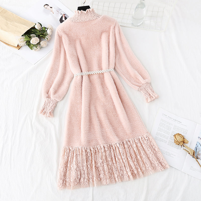 New style lace stitched knee length mink sweater with bottom skirt  4767