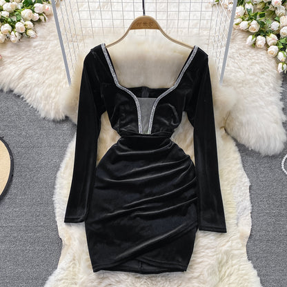 V-neck velvet with diamond waist slim sexy hip wrap dress  3742