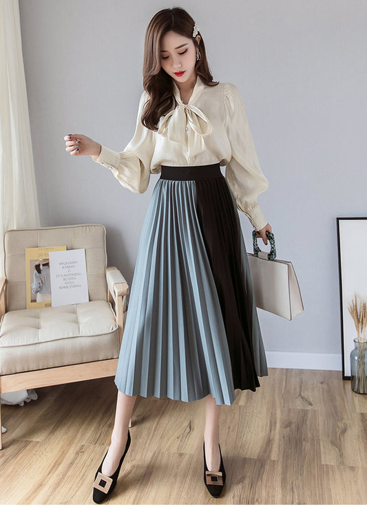 Spring/summer skirt, new style, high waist, contrasting colors, patchwork, long A-line skirt, pleated skirt  3668