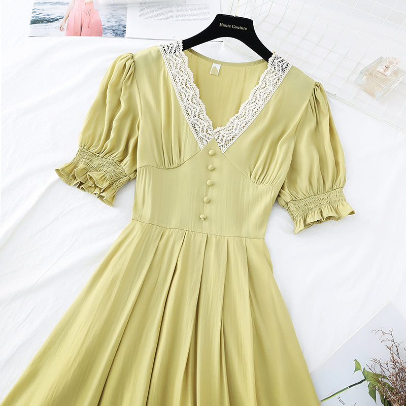 New super fairy bubble sleeve gentle wind high waist slim dress  4688