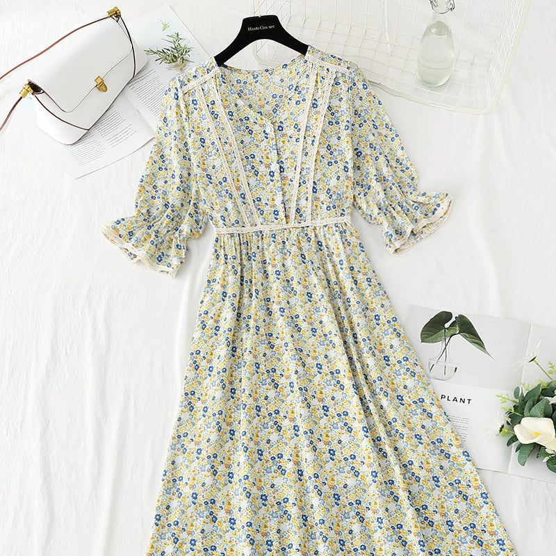 Lady floral dress tea break skirt French Vintage chiffon long skirt  4874