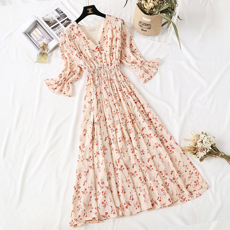 French minority Floral Chiffon Dress retro skirt waist slim  4475