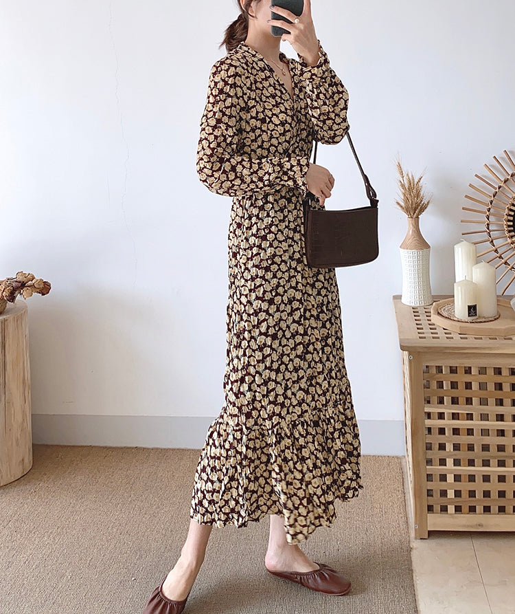 Fashion Pleated Chiffon Floral Dress  3898