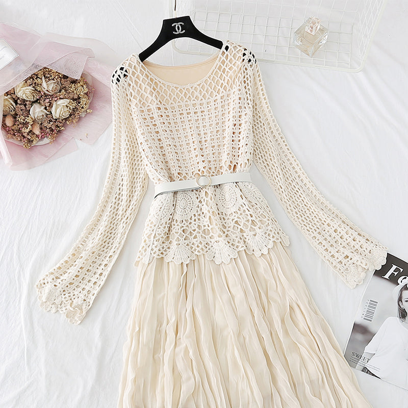 Hollowed out lace blouse Chiffon Dress  4010