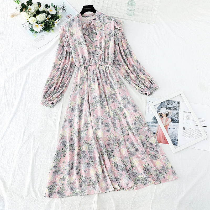 The new female Floral Chiffon dress is slim at the waist  3907