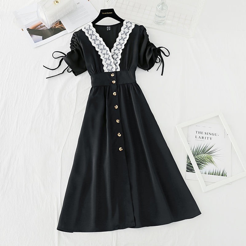 Neues französisches Retro-Kleid 4622 mit schmalem Luftblasenärmel und Spitze an der Taille