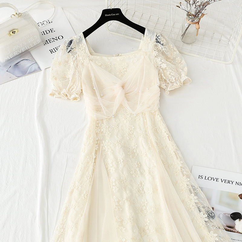 Lace dress with slim waist small skirt  4422