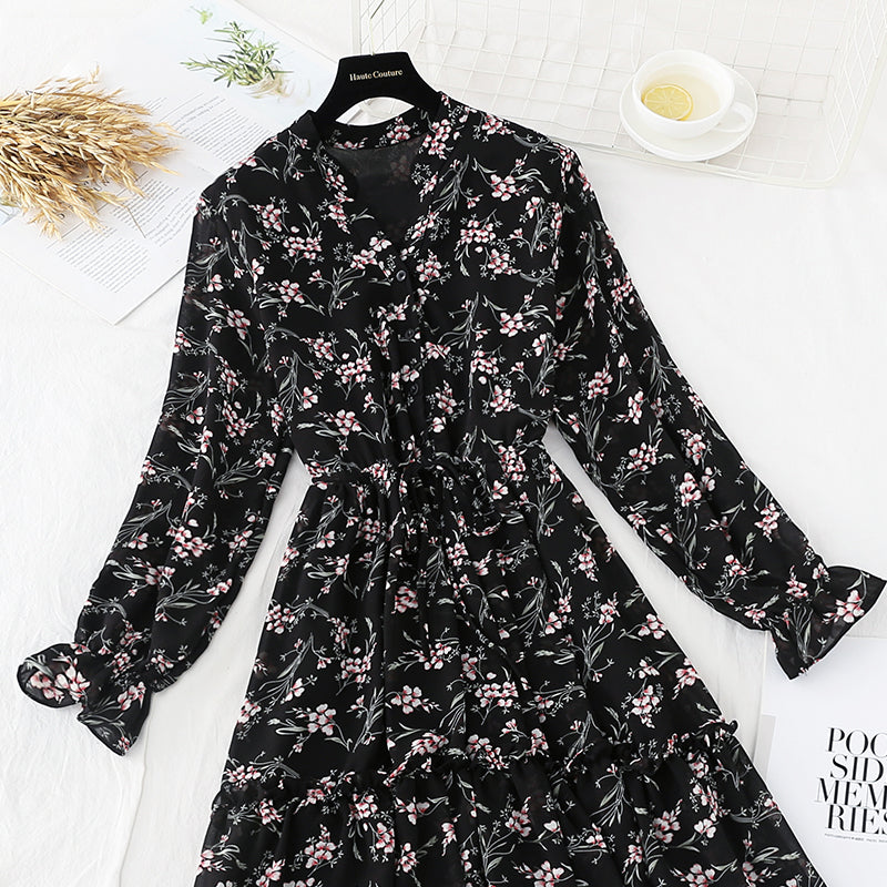 Long sleeved floral dress French Retro  4701