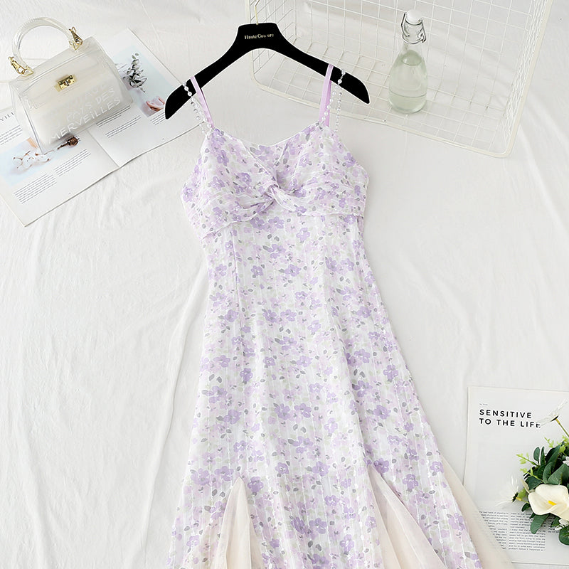 Design sense niche purple fishtail skirt Chiffon floral suspender dress  4124