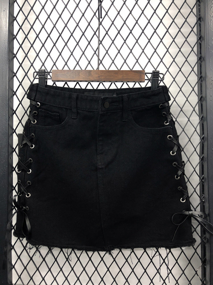 Jupe en jean taille haute à bretelles latérales pour femmeJupe trapèze 3718