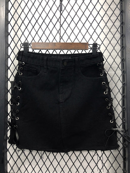 Jupe en jean taille haute à bretelles latérales pour femmeJupe trapèze 3718