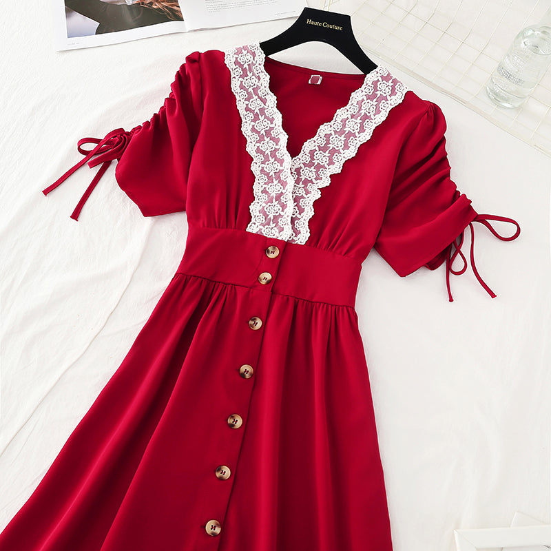 Neues französisches Retro-Kleid 4622 mit schmalem Luftblasenärmel und Spitze an der Taille