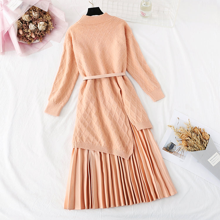 Knee knitted sweater pleated skirt two piece set  4463