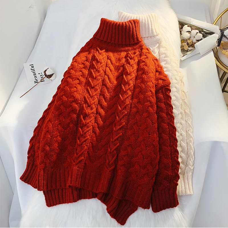 Red high neck twist sweater women's loose and lazy style  4911