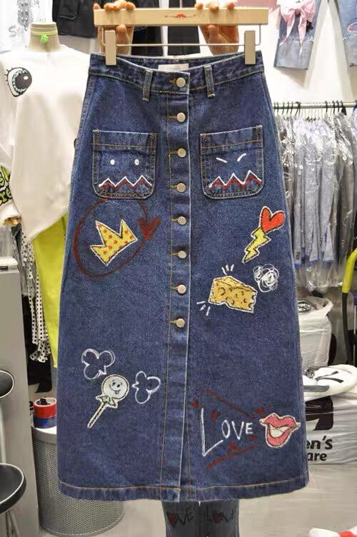Spring and autumn new style, fashion cowboy skirt, women bodycon denim skirt,cute print A line long skirt  3671