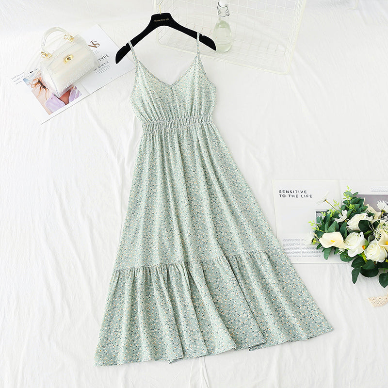 New sweet floral skirt French retro suspender dress  4123