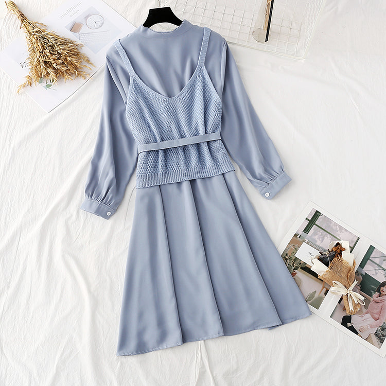 Foreign style college style long sleeve bottomed skirt + suspender vest  4449