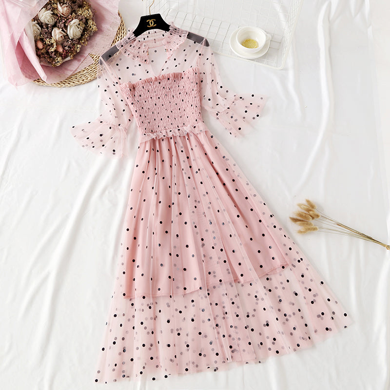 Small wave dot mesh dress retro long skirt over the knee  4465