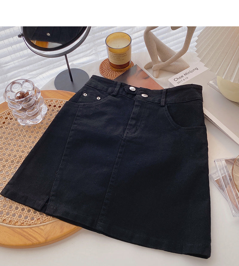 Niche design split A-line solid color high waist thin skirt  5303