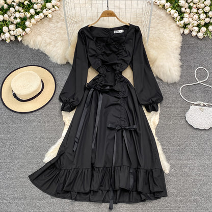 Bubble sleeve square neck dress waist strap black small foreign skirt  3789