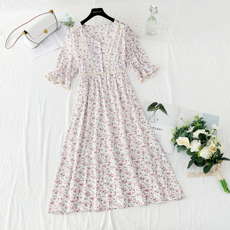 Lady floral dress tea break skirt French Vintage chiffon long skirt  4874