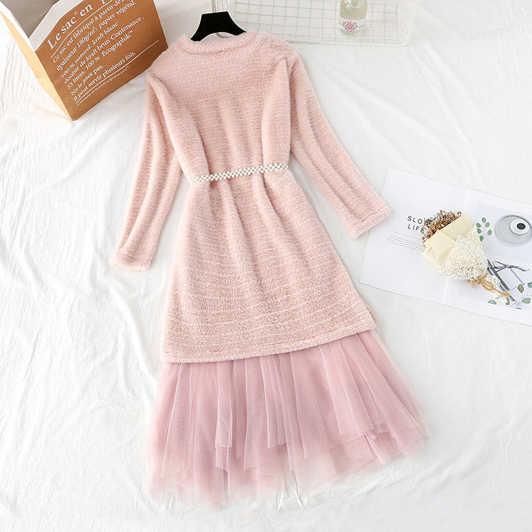 Mink sweater female + mesh skirt two piece set  3954