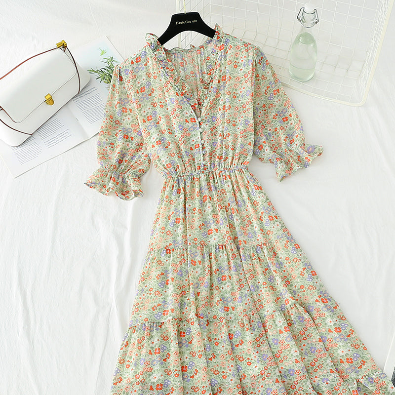 New sweet Floral Chiffon French V-neck slim fairy skirt  4872